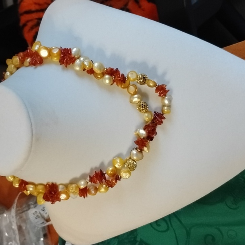 🎃Hand Crafted double strand Keshi Pearls And Amber Beaded Necklace🎃 - Picture 7 of 8